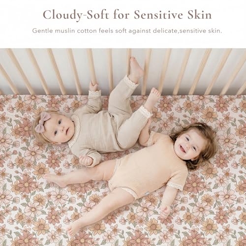 Image of Konssy Muslin Crib Sheets for Girl Boy, 2 PCS Soft and Breathable Cotton Baby Sheets for Standard Crib Mattress, 52 inchx 28 inch (Vintage Petals,Taupe)