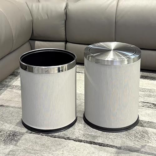 Image of 4 Gallon Bathroom Trash Can with Swing Lid, White Silver Leather Garbage Can, Modern, Large, Big Waste Basket, for Bedroom Kitchen Powder Room Toilet (15L Elegant White)
