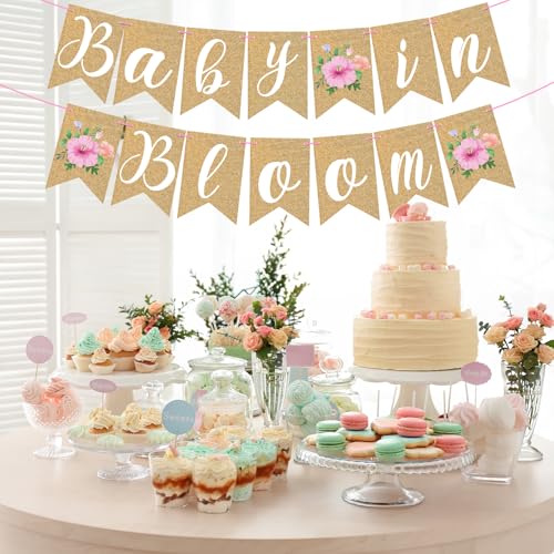 Image of Baby in Bloom Banner Baby Shower Paper Banner Party Decoration Flower Baby Shower Bunting Garland Wall Hanging Sign Decor for Girl Baby in Bloom Party Indoor Decorations