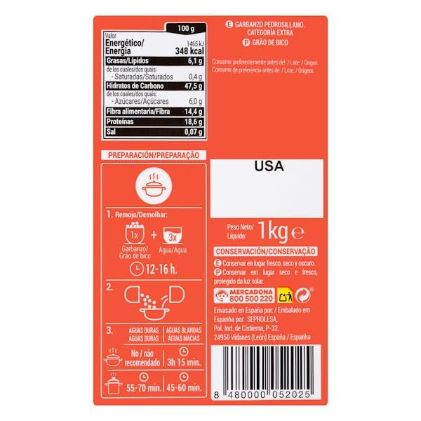 Pois chiches extra Pedrosillano Hacendado la sélection premium sans gluten en lot de 6