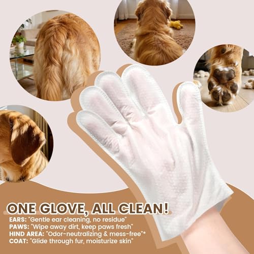Image of IMMHABI 50 Count Cleaning Deodorizing Pet Glove Wipes for Dogs & Cats, Hypoallergenic Dog Bath Wipes with Natural Deodorizer Persimmon Tannin, Pet Bathing Wipes for Horse Coat Care Coconut Scent