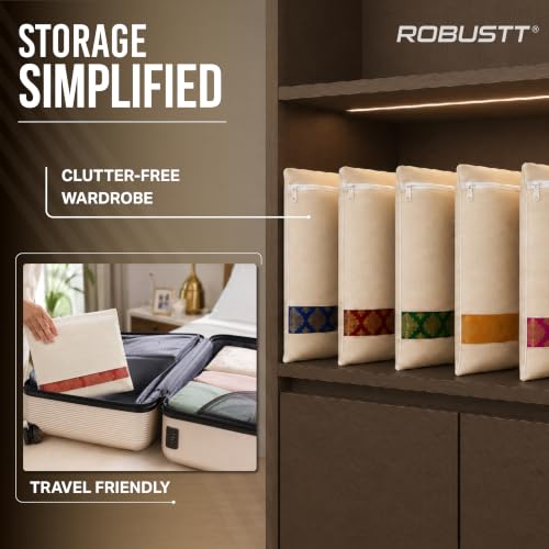 Image of Robustt Cotton Saree Cover for storage | set of 12| saree organiser for wardrobe | With 250 GSM Durable Saree Storage Bags with Zip cover & Clear Window design | Organizer for Ethnic Wear- Beige