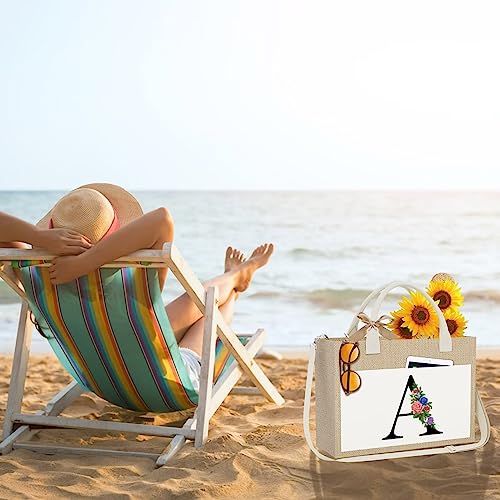 Yoolife Birthday Gifts For Women, A Initial Jute Tote Bag With Zipper Beach Bags For Women Gifts For Friends Female Women Sister Mom Travel Beach Bag Teacher Appreciation Gifts Bride Wedding Gifts #TOP3