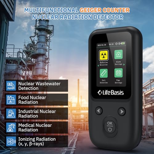 LifeBasis Nuclear Radiation Detector Geiger Counter, Rechargeable Radiation Dosimeter with TFT Display and Smart Alert Beta Gamma X-ray Radiation Monitor - with Lanyard and Bracket, Matte Black