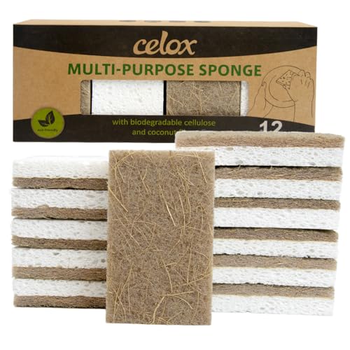 Image of CELOX 12 Pack Coconut Fiber Kitchen Cleaning Sponge, Dual-Sided Sponge for Dishwashing