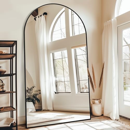 Image of Antok 86 inch x46 inch Arched Full Length Floor Mirror, Black Aluminum Frame, Free Standing /Wall Mount /Leaning for Bedroom, Living Room, Dressing Room
