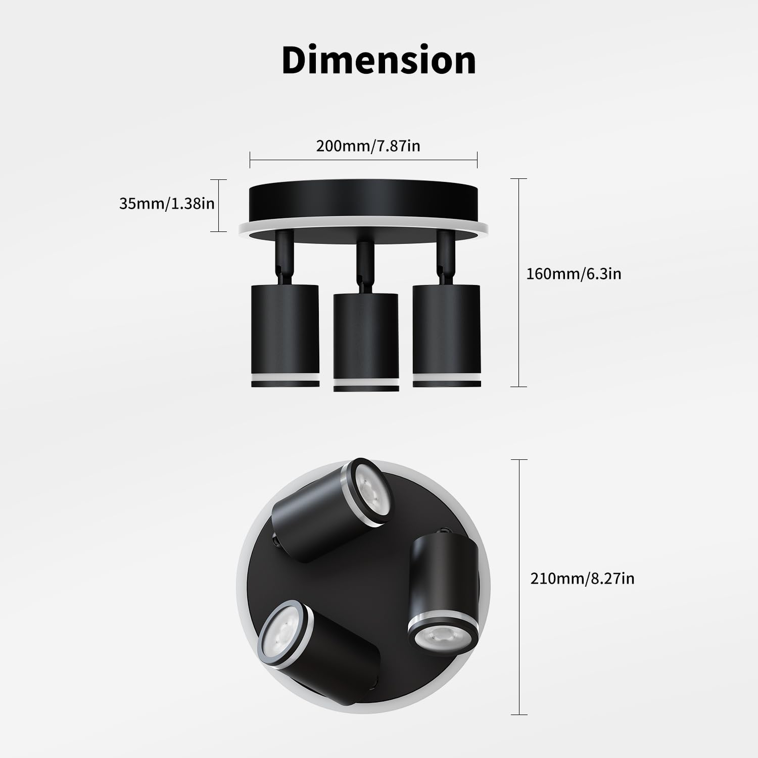 LVWIT Lámpara de Techo LED Giratorios con 3 Focos LED GU10 -Orbicular de Metal Negro, Focos de Techo para Lámpara de Techo para Dormitorios, Salones y Cocinas(Sin Bombillas).