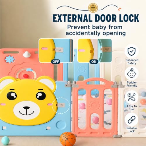 Image of Hukimoyo Large Baby Playpen 20 Panels /45 Sq Ft Play Area Indoor Setup with Mat ,balls | Play Yard for Babies 0-3 Years with Padded Boundary |Indoor Outdoor Toddler , infant fence Activity Center with Safety Door Lock & Suction Cups (6 * 7.5 FT)