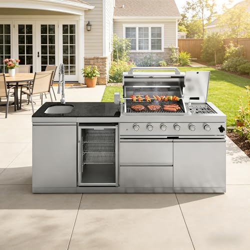 VISRACK 85" 4-Burner Gas Grill Island, 72K BTU, w/Wine Cooler & Sink