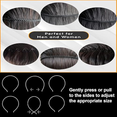 Image of Black Metal Hair Band for Men - 10 Pcs Thin Wavy Non-Slip Adjustable Headbands for Women & Boys, Sports, Gym, Yoga, Running & Face Wash