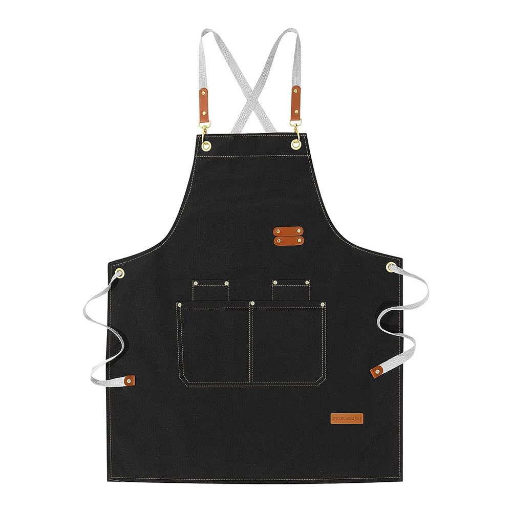 JZSChef Aprons for Men Women, Cotton Canvas Cross Back Adjustable Apron with Large Pockets for Kitchen Garden Salon