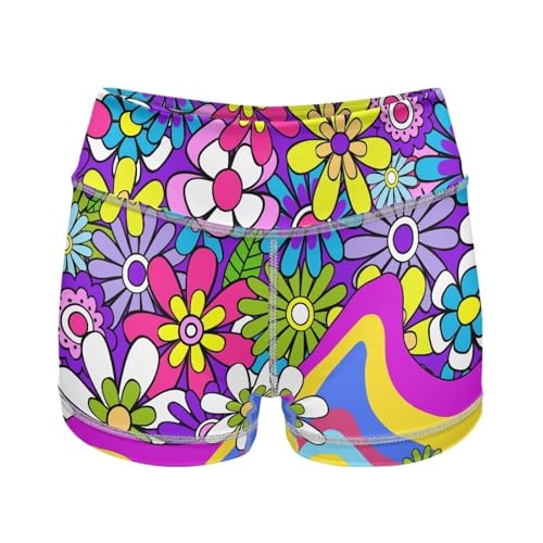 Sprowallow Purple Hippie Flower Womens Workout Shorts with Pocket High Waisted Athletic Shorts Yoga Running Gym Short Pants