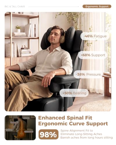 Image of Big and Tall Office Chair, Computer Desk Chair with FootRest, Black | High Back Leather Gaming Chair with Lumbar Support, Heavy Duty Ergonomic Executive Office Chair for Home Office Gaming