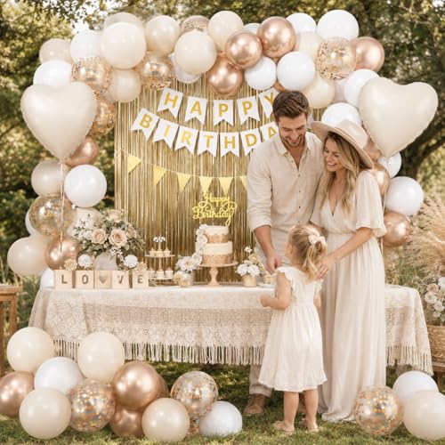 Image of White Sand Gold Birthday Decorations, Beige Cream Birthday Balloons Set