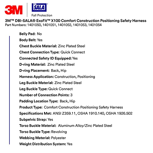 Image of 3M DBI-Sala ExoFit X100 Comfort Construction Positioning Safety Harness with Weight Distribution, OSHA, ANSI, 2 D-Ring Connections, Quick Connect Leg and Chest Buckles, Zinc Plated Steel, 1401050, S