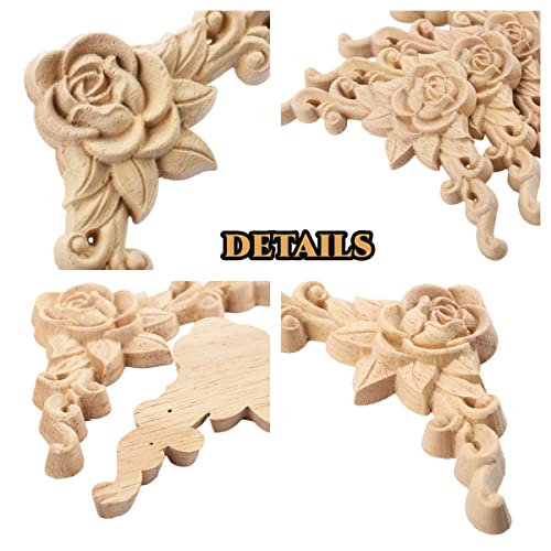 4Pcs Rose Carved Appliques Onlays Crafts Addition, 12X12Cm/4.7"X4.7", Excellent Wood Detail Unpainted Ornament Piece For Wall Door Ceiling Table Bed Cabinet Mirror Dresser Drawer #TOP2