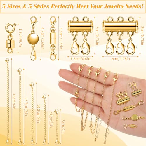 Image of ROADPLUM 26 Pcs Magnetic Necklace Extender, 5 Style Strong Magnetic Jewelry Clasps and Necklace Layering Clasps with Chain Extenders for Women Necklaces Bracelet, Gold and Silver
