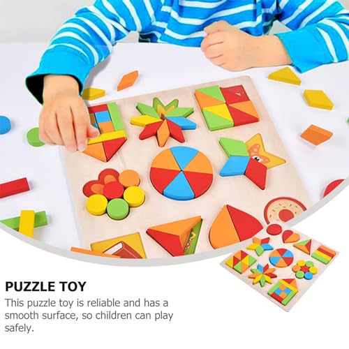 Image of WISHKEY Wooden Shapes Puzzle Learning Toy, Montessori Game Educational Toys for Kids, Intelligence Brain Teaser Puzzle Board with 10 Designer Shapes, Multicolour, 3+ Years (Pack of 1)