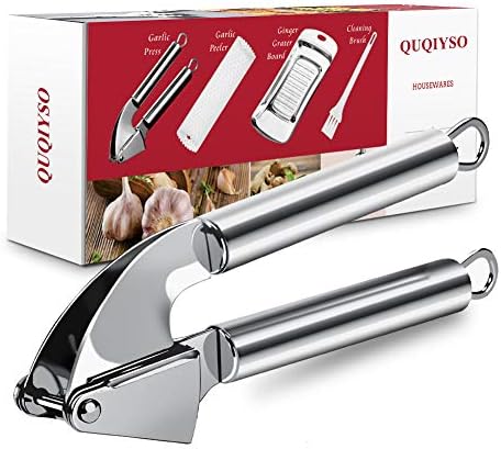 QUQIYSO Garlic Press Stainless Steel professional, Garlic Mincer with Peeler Silicone Tube Roller, Ginger Grater and Cleaning Brush Set(Dishwasher Safe)