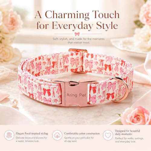 Image of ARING PET Girl Dog Collar for Puppy Small Medium Large Dogs-Pink Red Bow S | Cute Female Heavy Duty Pet Collars with Metal Buckle for XS S M L XL Dogs, for City Walk Coffee Shop Visits Birthday Parties