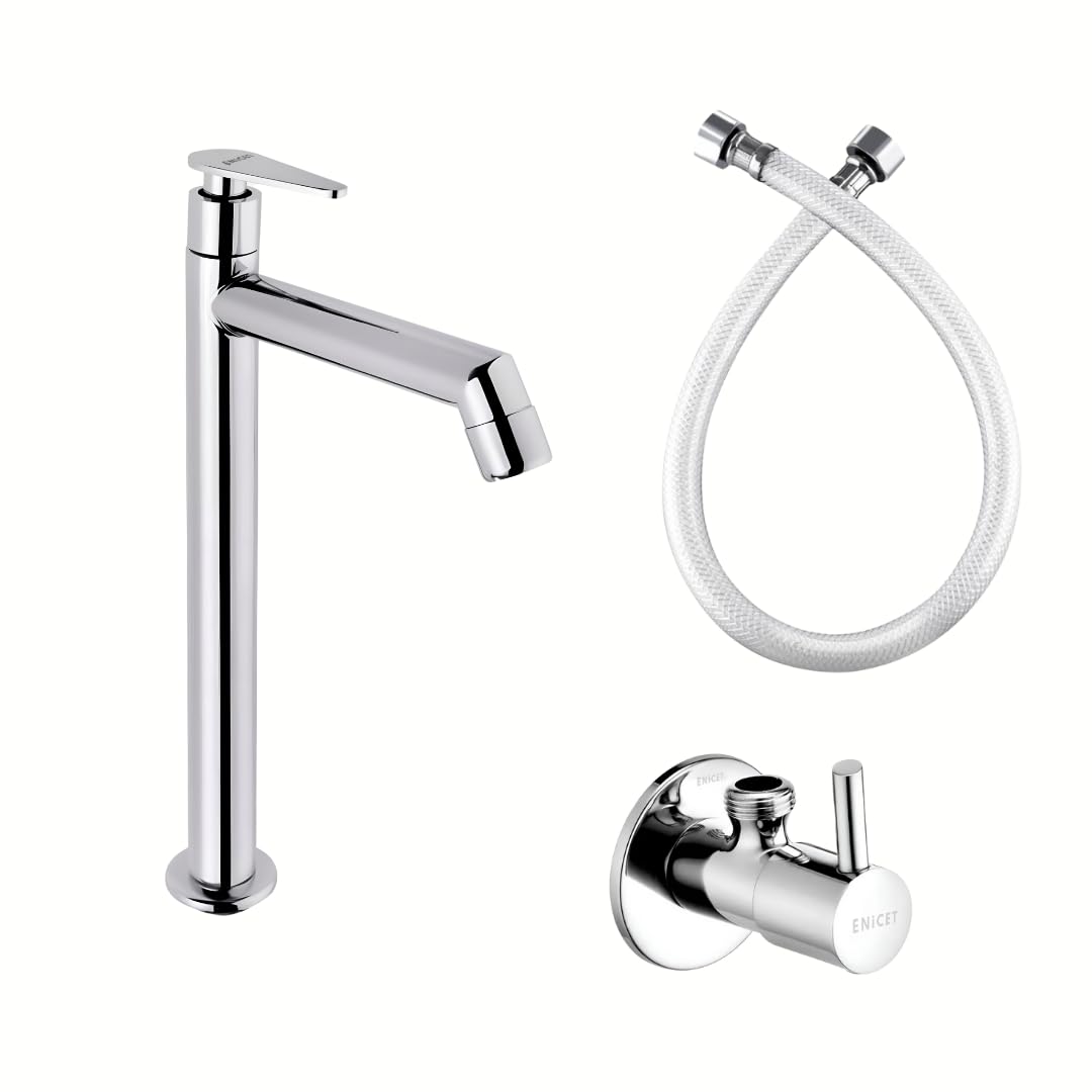 12 Inch High Neck Pillar Tap, SS 304, Chrome Finish, 7 Years Warranty, Bathroom Table Top Wash Basin Tap for Home, 12 Inch Tall Extended Body Pillar Cock, Smooth Foam Flow (Brim Set)