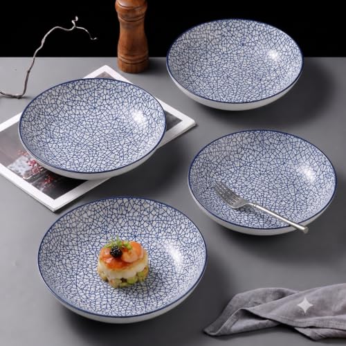 Image of Ceramic Dinner Plates, Round Plates with Blue Crackle Pattern, Food Grade Ceramic Tableware, Microwave & Dishwasher Safe Plates for Dining, Snacks & Desserts(Crackle Mosaic Pattern, PACK OF 4)