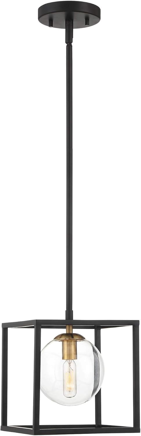 Possini Euro Design Delaney Black Burnished Brass Mini Pendant Light 8" Wide Modern Square Cage Round Clear Glass Shade Fixture Dining Room House Entryway Bedroom Kitchen Island Hallway Ceilings