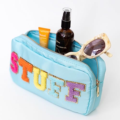Fablinks Preppy Pouch, Chenille Varsity Letter Stuff Bag, Aqua Nylon Skin Care Patch Bags Organizer, Travel Make Up Skincare Cosmetic Zipper Bags for Women (Blue STUFF-Rainbow) - Thumbnail 2