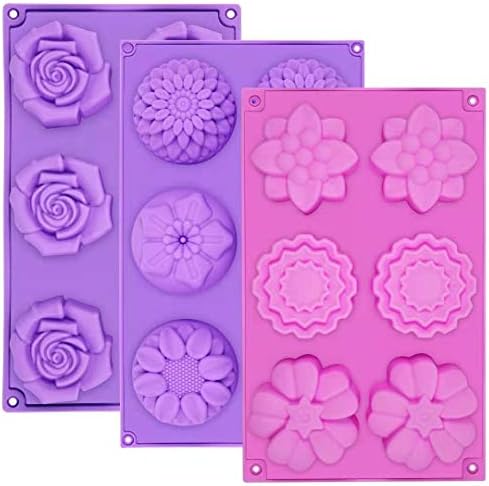 Silicone Soap Molds, AIDOIT 3 PCS 6 Cavity Assorted Silicone Flower Soap Mold DIY Soap Molds for Handmade Chocolate Biscuit Cake Muffin