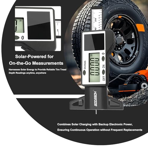 Image of GODESON Digital Tire Tread Depth Gauge, Solar & Battery Power,1 inch / 25.4mm Range, Inch /MM Display, Black Universal Tire Wear Depth Gauge for All Vehicles (Car, Truck, SUV)
