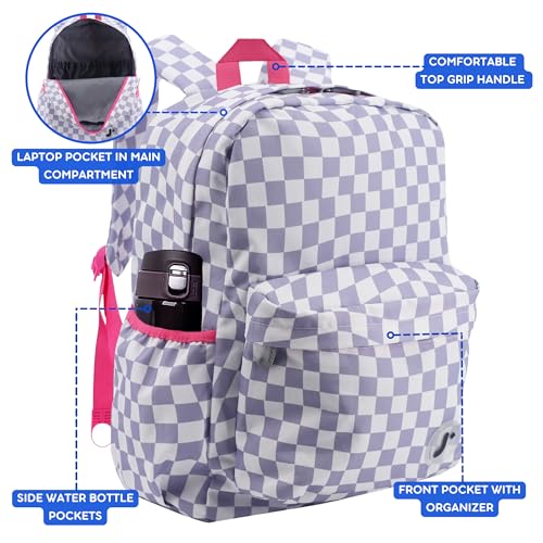 Image of J World Oz Middle School Backpack for Girls & Women. Cute Kids Laptop Bookbag, Lavender Checkers