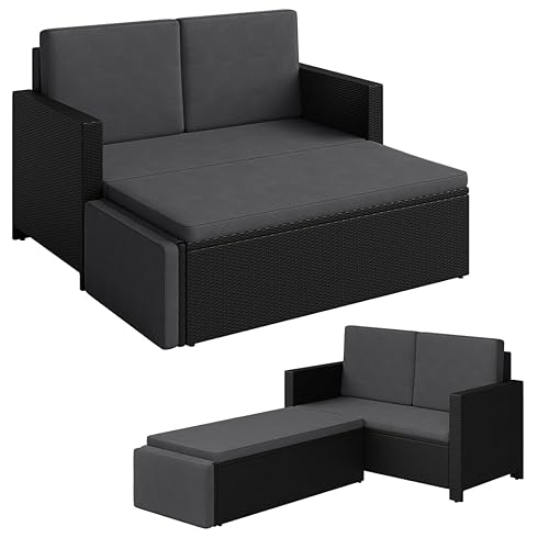 STEELSØN Gartenbank Elnath 2in1 Polyrattan, Gartensofa für 2 Personen mit Liegefunktion, Balkonmöbel mit Hocker 2er Sofa mit Polster wetterfest, Terrassenmöbel in schwarz/anthrazit 73x65x130 cm HxTxB - mit Liegefunktion - Schwarz