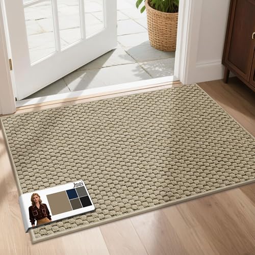 JSEI Dirt Trapper Door Mat 24"x36", Non-Slip Entryway Rugs Doormat Indoor, Washable Absorbent and Stain Resist Welcome Floor Mat for Front Door, Dog Door Mat, Muddy Wet Shoes & Paws, Beige