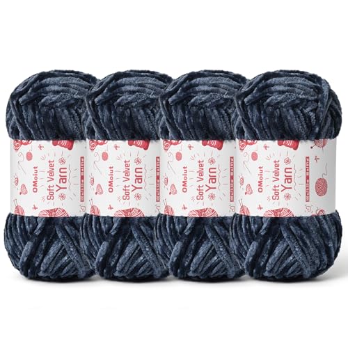 Image of 4x100g Fluffy Velvet Chenille Yarn for Crocheting and Knitting, 4x80m (87.5yd) Baby Yarn for Crocheting Soft, Crochet Chunky Yarns Amigurumi Yarns (4 Navy Blue)