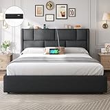 Brinlawb 5ft King Size Ottoman Bed Frame with Hydraulic Storage, Upholstered King Size Bed Frame with Adjustable Headboard and Charging Station, Ample Under-Bed Storage Space, 150x200 cm, Grey