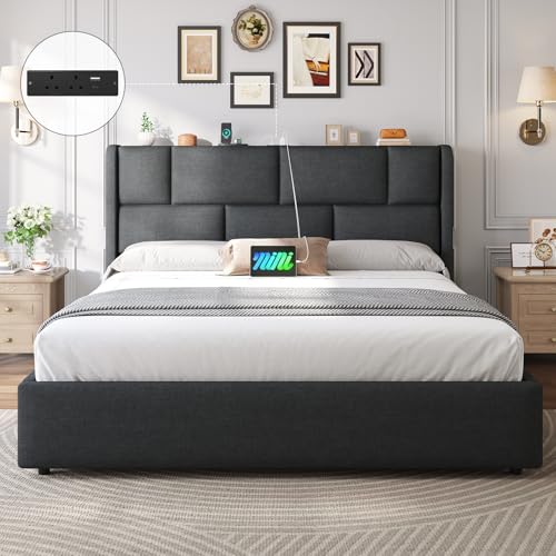 Image of Brinlawb 5ft King Size Ottoman Bed Frame with Hydraulic Storage, Upholstered King Size Bed Frame with Adjustable Headboard and Charging Station, Ample Under-Bed Storage Space, 150x200 cm, Grey