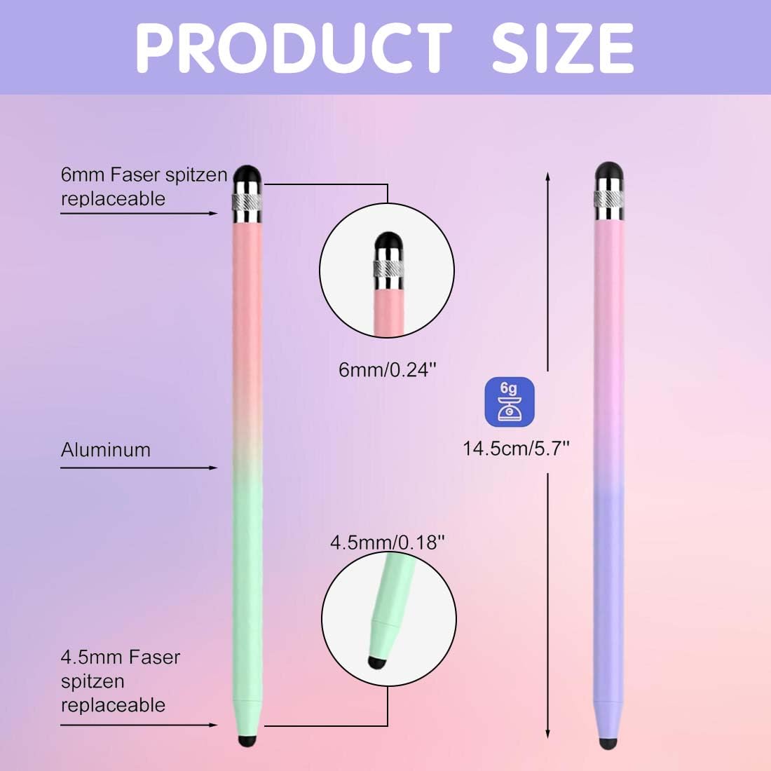 Penna per Tablet 2 in 1, 2 Pezzi, Verde Sfumato Rosa + Viola Sfumato Rosa, Touchscreen