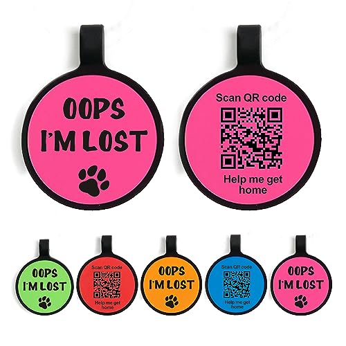 QR Code Dog Tag Dog Tags Engraved for Pets Personalized Dog Name Tag Silent Silicone Dog ID Tag Cat ID Tag Pet Online Profile Scan QR Receive Instant Pet Location Alert Email (Pink Round)