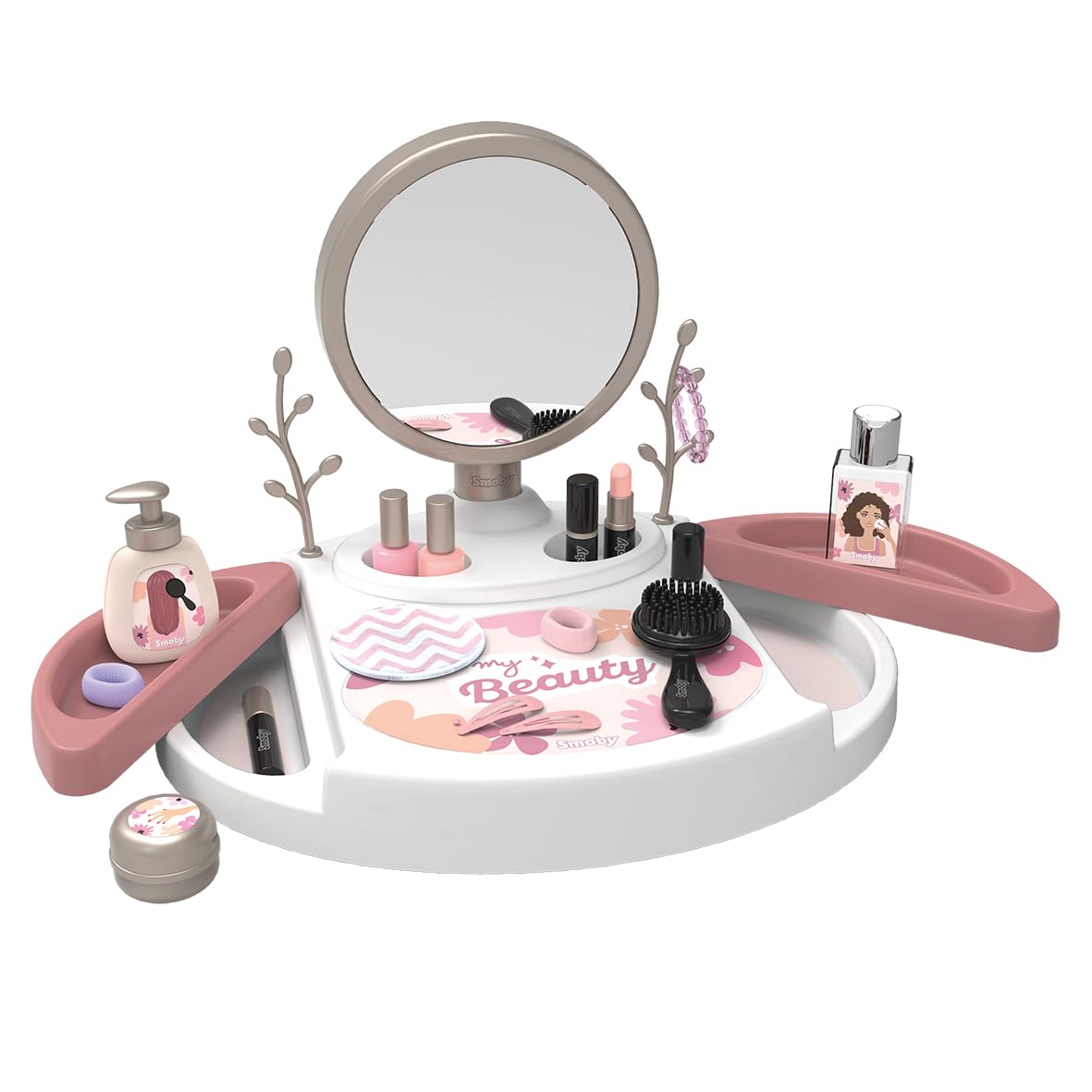 Smoby - My Beauty Center - Frisiertisch mit Spiegel, 15 Accessoires für Make-up, Frisuren & Nägel (unechte Kosmetika) - mit recyceltem Material, für Kinder ab 3 Jahren