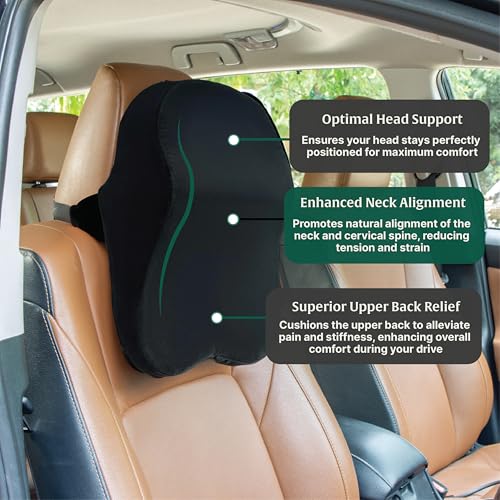 Image of The White Willow Car Neck Rest Pillows Memory Foam Car Neck Pillow with Adjustable Strap Neck Support for Car Seat Neck Cushion for Neck Pain Relief Headrest Pillow Black ZenCurve Pack of 1