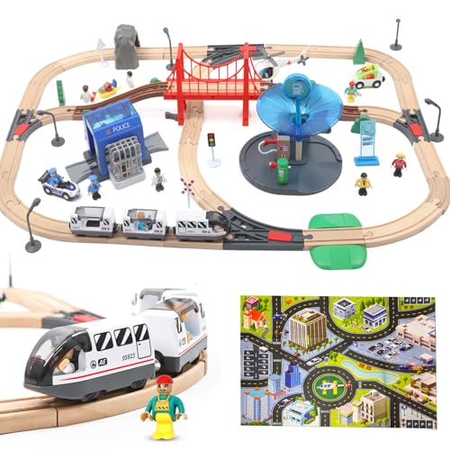 Wdmiya Holzeisenbahn Set, 113 Stück Holzeisenbahn Schienen und Zugspielzeug, Elektrische Eisenbahn-Set, Spielzeugeisenbahn für Kinder, Geschenk für Jungen und Mädchen ab 3 Jahren(113pcs)