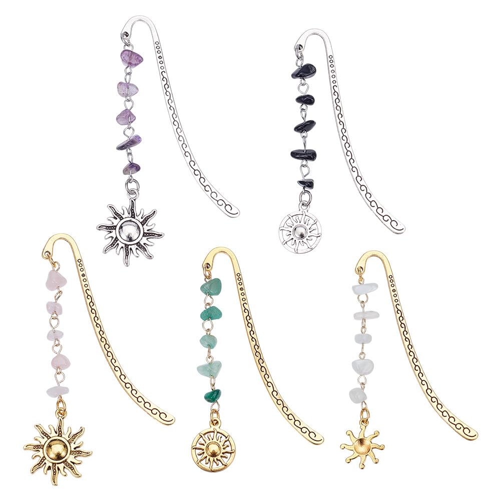 DELORIGIN 5 Styles Sun Bookmark, Gemstone Metal Book Markers, Multipack Silver Gold Bookmarks