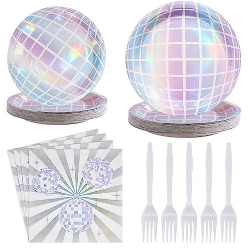 Grencian 96Pcs Disco Party Decorations Disco Ball Plates and Napkins Disposable Paper Tableware Set for 70s Wedding Birthday Baby Shower Anniversary Party Supplies, Serves 24