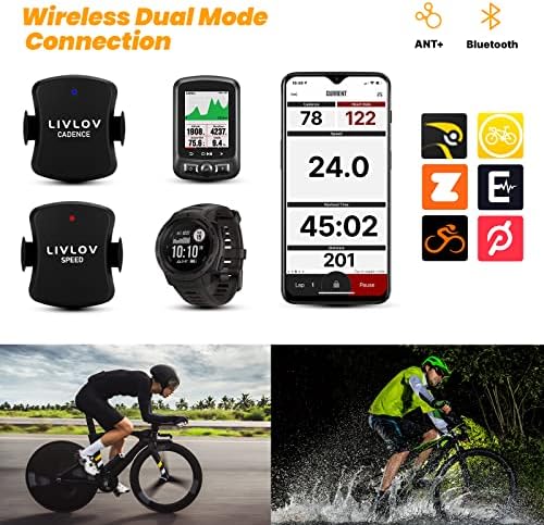 LIVLOV V2 Bike Cadence and Speed Sensor - Bluetooth 5.0 ANT+ Wireless Cadence Monitor & IP67 Waterproof RPM Cycling Sensor Compatible with Wahoo Zwift Strava Peloton Garmin Bike Computers