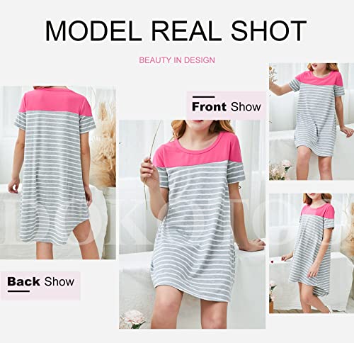 Dokotoo Girls' Casual Summer Short Sleeve Round Neck Colorblock Striped Dresses Irregular Hem Loose Midi Dress Rose (8Y-9Y) L #TOP3