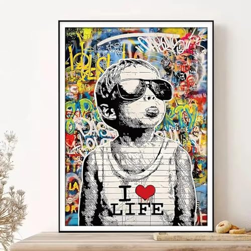 Affiche sur toile petit garçon style graffiti urbain cadre 60x80