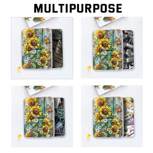 Image of Metal Tin Box with Lid for Game Cards Home Organizer Candles Keys Crafts Storage - Equipped with 4 Magnetic Cord Clips，Sunflowers Daisies and Butterflies