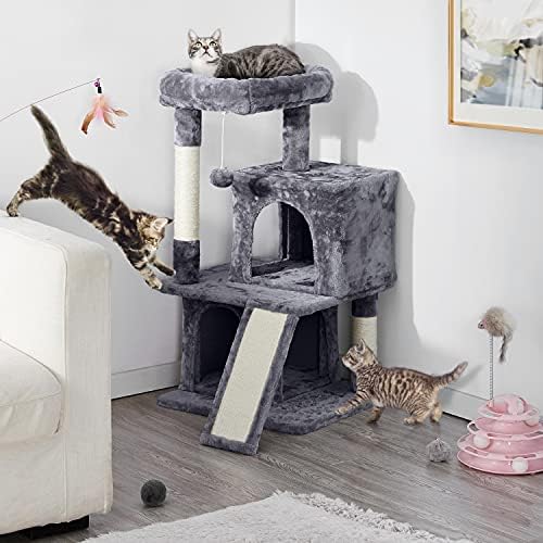 Yaheetech Basic 3-layer Cat Tree Tower Cat Scratching Post with 2 Condos/2 Perches/Sisal Scratching Board/Furball for Indoor Cats/Kittens, 91cm Dark Grey