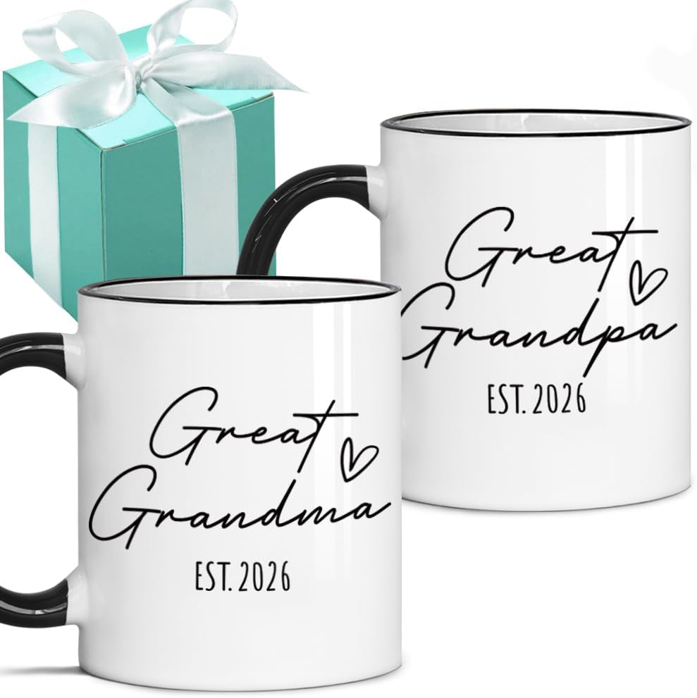 Great Grandma Great Grandpa Est 2026 Mug Set - Grandma Coffee Cup - Pregnancy Reveal Mug – Pregnancy Announcement Mugs for Grandparents