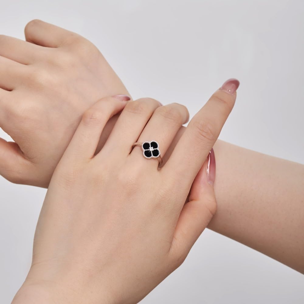 Adjustable Four Leaf Clover Rings for Women • Mother of Pearl White/Onyx Black Lucky Clover Rings • Jewelry Gifts for Girlfriend 925 Sterling Silver Opening Rings